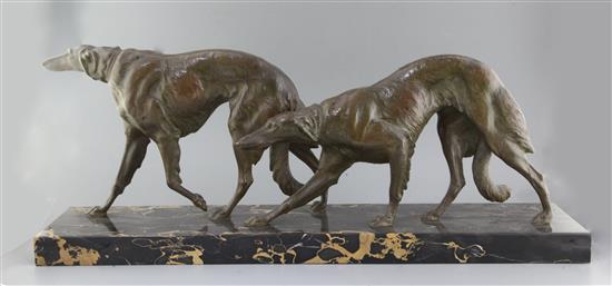 Louis Riché. A French Art Deco bronze group of two borzoi, 36in., height 13in.